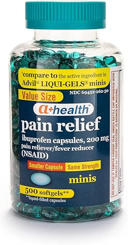 A+Health - Mini Ibuprofeno 200 mg Softgels, Analgésico/Antifebril (AINE), Fabricado nos EUA, 500 Unidades