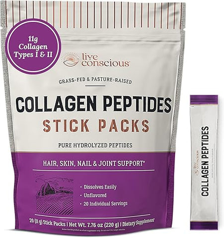 Pó de Peptídeos de Colágeno Live Conscious em Pacotes – Colágeno Hidrolisado em Pó – Cabelo, Pele, Unhas – Embalagem sem Sabor – 100% Natural