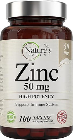 Nature's Potent - Zinco 50mg [Alta Potência] – Sistema de Suporte Imunológico com Zinco Natural (Óxido/Citrato) 100 Comprimidos, Nature’s Potent