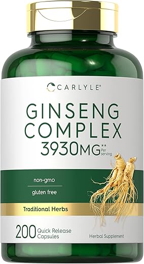 Cápsulas Complexas de Ginseng | 200 Unidades | Extrato Livre de Transgênicos e Glúten | Suplemento de Raiz Herbal Tradicional - Carlyle