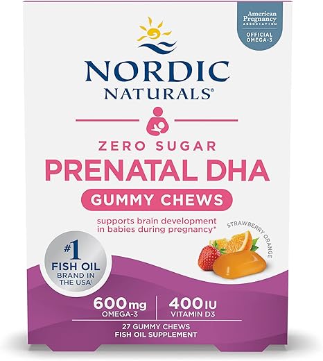 Gomas Vitaminas Pré-Natais DHA Zero Açúcar, Sabor Morango Laranja – 27 Gomas – Suplementos para Gravidez – 600 mg Ômega-3 Óleo de Peixe e 400 UI Vitamina D3 - Nordic Naturals