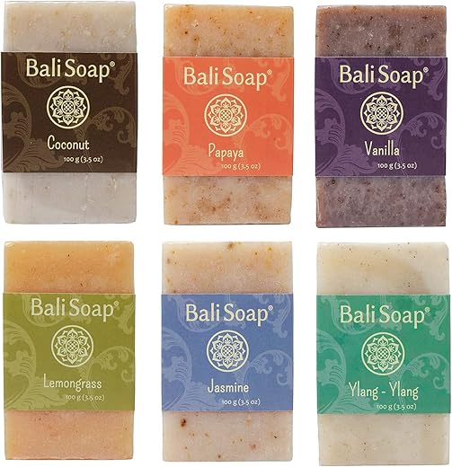 Conjunto de Sabonetes Naturais Bali Soap – Coleção Verde – 6 Unidades (Coco, Papaia, Baunilha, Capim-limão, Jasmim, Ylang-Ylang) 100g cada