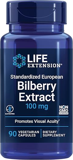 Extrato Padronizado de Mirtilo Europeu 100 mg – Suplemento de Vaccinium Myrtillus para Suporte à Saúde Ocular – Sem Glúten, Não-OGM, Vegetariano – 90 Cápsulas - Life Extension
