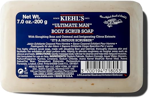 Kiehl’s Ultimate Man – Sabonete Esfoliante em Barra, Gel de Banho Energizante para a Pele Masculina, Limpa e Revitaliza