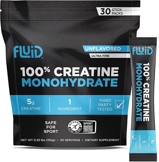 Creatina Monohidratada Ultrafina Micronizada 100%%, Certificada Informed Sport, Segura para Atletas, Porção de 5g (30 Porções Individuais) - Fluid