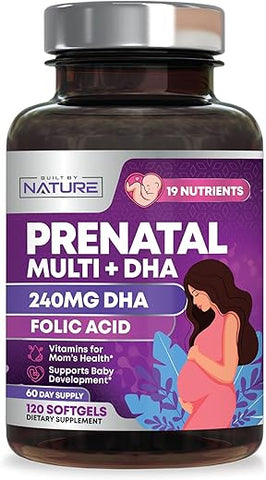 Built by Nature - Vitaminas Pré-Natais para Mulheres – Multivitamínico com DHA, Ácido Fólico, Vitamina C, B12, Ferro