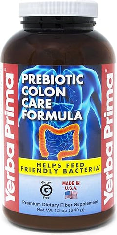 Fórmula em Pó para Cuidado do Cólon Prebiótico 12 oz – Fibra Natural de Psyllium, FOS, Magnésio, Selênio – Não-OGM, Sem Glúten, Suplemento Diário Vegano para Homens - Yerba Prima