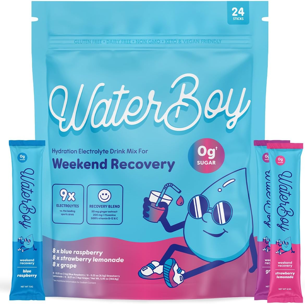 Weekend Recovery Variety | 3,200mg Pó de Eletrólitos em Pacotes | Vitaminas de Gengibre L-Theanine | Sem Açúcar, 100% Natural, Sem Glúten | 24 Sachês de Bebida (Pacote Variado) - Waterboy