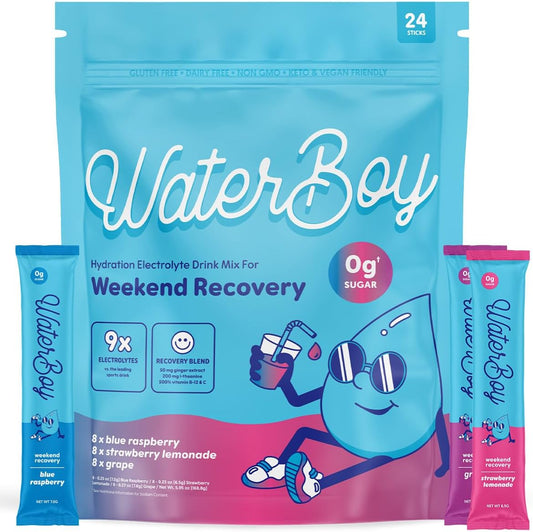 Weekend Recovery Variety | 3,200mg Pó de Eletrólitos em Pacotes | Vitaminas de Gengibre L-Theanine | Sem Açúcar, 100% Natural, Sem Glúten | 24 Sachês de Bebida (Pacote Variado) - Waterboy