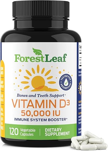 Vitamina D3 50000 UI – Saúde óssea e suporte imunológico – Cápsulas pequenas fáceis de engolir – Sem OGM, sem glúten – VIT D – Suplemento de vitamina D3 para mulheres e homens - ForestLeaf