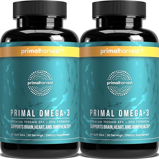 Ômega 3 Cápsulas Soft Gels, 30 Porções com 1000mg de EPA DHA, Sem Arrotos de Peixe, Ômega 3 Ácido Graxo Não-OGM, 2 Pacotes - Primal Harvest