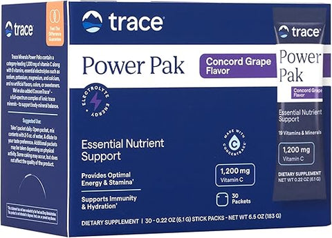 Power Pak Pó Eletrólito | 1200 mg Vitamina C, Zinco, Magnésio | Reforça Imunidade, Hidratação e Energia Natural | Uva Concord | 30 Pacotes - Trace Minerals