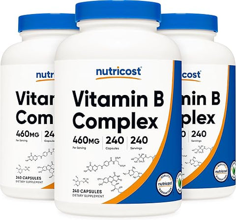 Complexo de Vitaminas B de Alta Potência 462mg, 240 Cápsulas (3 Frascos) – com Vitamina C | Nutricost Complexo de Vitaminas B 462mg, 240 Cápsulas (3 Frascos) – com Vitamina C - Nutricost