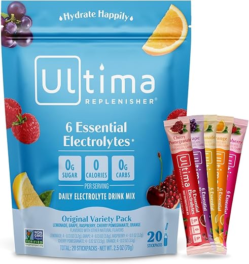 Bebida Diária de Eletrólitos em Pó – Variedade Original, 20 Sachês – Hidratação com 6 Eletrólitos - Ultima Replenisher