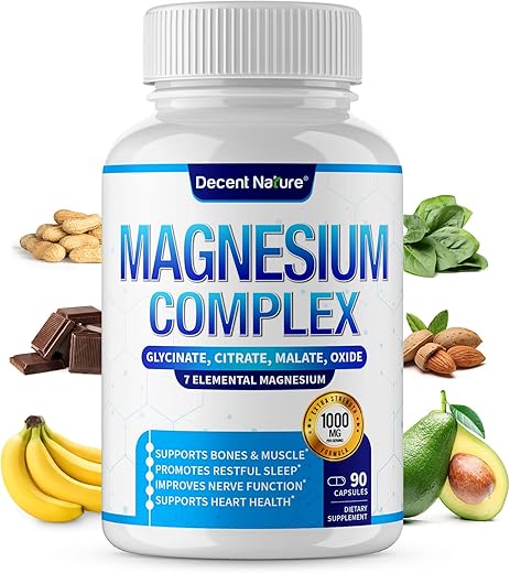 DECENT NATURE - Magnésio Complexo 7 Suplemento de Magnésio Elemental 1000mg – Glicinato, Citrato, Malato, Taurato, Óxido, Aspartato, Orotato Não-OGM 90 Cápsulas