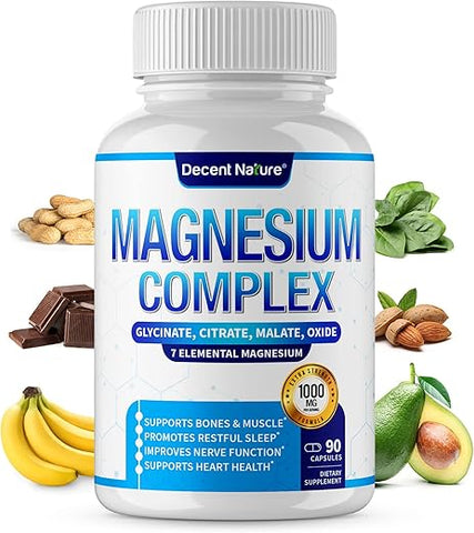 DECENT NATURE - Magnésio Complexo 7 Suplemento de Magnésio Elemental 1000mg – Glicinato, Citrato, Malato, Taurato, Óxido, Aspartato, Orotato Não-OGM 90 Cápsulas