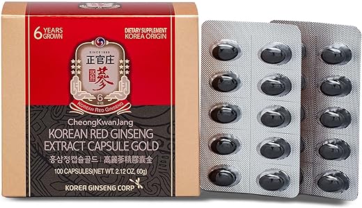 Cápsulas de Extrato de Ginseng Vermelho Coreano Gold Panax Ginseng em Pó Raiz Cápsulas de Foco para Homens – 100% Natural e Potente - CheongKwanJang