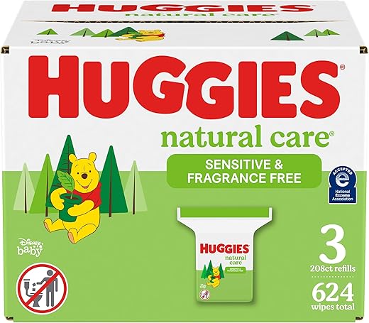 HUGGIES - Huggies Natural Care Lenços Umedecidos para Bebês Sensíveis, Hipoalergênicos, 99% Água Purificada, 3 Pacotes de Reposição (624 Lenços no Total) – Embalagem Variada