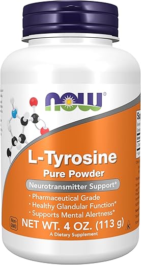 Suplementos, Pó de L-Tirosina, Suporte Neurotransmissor, Aminoácido, 113g - NOW Foods