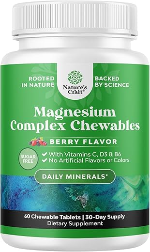 Natures Craft - Magnésio Glicinato Mastigável Sem Açúcar – Mastigável de Magnésio para Adultos | 60 comprimidos | 1000mg