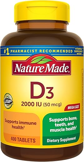 Vitamina D3 2000 UI (50 mcg), Suplemento para Saúde Óssea, Dental, Muscular e Imunológica, 400 Comprimidos, Fornecimento de 400 Dias - Nature Made