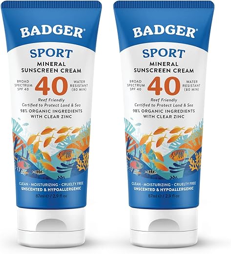 Protetor Solar Badger Reef Safe, FPS 40 Mineral Esportivo, 98% Ingredientes Orgânicos, Amplo Espectro, Resistente à Água, Óxido de Zinco, Sem Fragrância, 85 ml (2 Unidades)