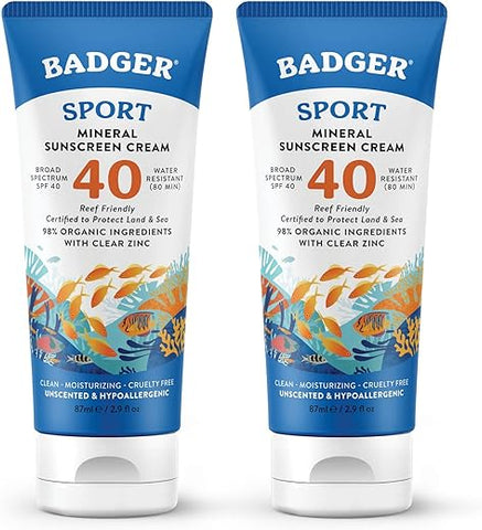 Protetor Solar Badger Reef Safe, FPS 40 Mineral Esportivo, 98% Ingredientes Orgânicos, Amplo Espectro, Resistente à Água, Óxido de Zinco, Sem Fragrância, 85 ml (2 Unidades)