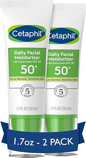 Hidratante Facial Diário FPS 50, 50ml (Pack com 2 unidades), Hidratante Facial Suave para Peles Secas a Normais, Sem Fragrância Adicionada, Recomendado por Dermatologistas (Embalagem…) - Cetaphil