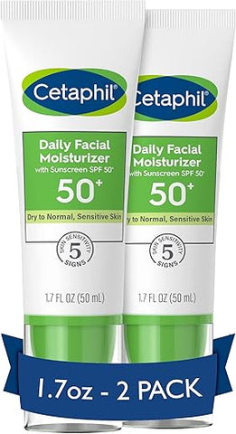 Hidratante Facial Diário FPS 50, 50ml (Pack com 2 unidades), Hidratante Facial Suave para Peles Secas a Normais, Sem Fragrância Adicionada, Recomendado por Dermatologistas (Embalagem…) - Cetaphil