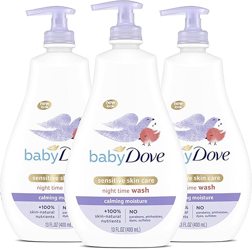 Calming Moisture Sensitive Skin Night Time Wash 3 Pack – Banho Noturno Hipoalergênico e Sem Lágrimas, Perfumado, Adequado para Recém-Nascidos, 400 ml (3x 13.52 oz) - Baby Dove