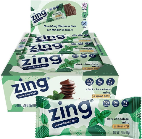 Barras de Proteína Vegana de Chocolate Amargo e Hortelã, Sem Glúten, Alto Teor de Proteína e Fibra, Nutrição Sem Laticínios, Proteína Vegetal, Kosher, Baixo Teor de Açúcar, Sem Álcoois Açucarados – 12 unidades - Zing