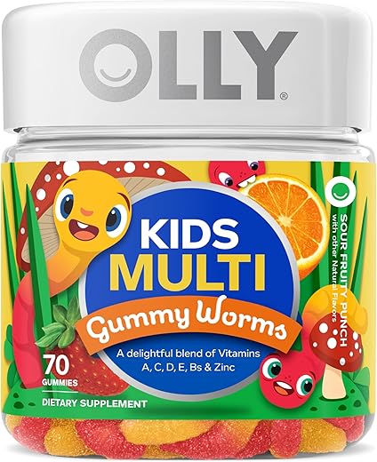 Kids Multivitamin Gummy Worms – Saúde geral e suporte imunológico, Vitaminas e Minerais A, C, D, E, Bs e Zinco, Suplemento mastigável, Sabor Punch de Frutas Azedas, 45 dias de fornecimento (70 g) - OLLY