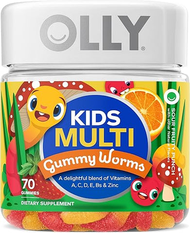 Kids Multivitamin Gummy Worms – Saúde geral e suporte imunológico, Vitaminas e Minerais A, C, D, E, Bs e Zinco, Suplemento mastigável, Sabor Punch de Frutas Azedas, 45 dias de fornecimento (70 g) - OLLY