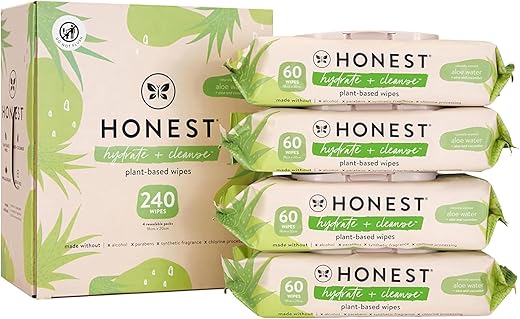 Toalhas Umedecidas The Honest Company Hydrate Cleanse com Aroma Natural | Multiuso, Hipoalergênicas | 99% Água, à Base de Plantas | Aloe Vera e Pepino, 240 Unidades