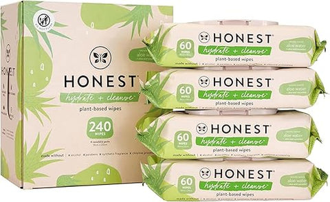 Toalhas Umedecidas The Honest Company Hydrate Cleanse com Aroma Natural | Multiuso, Hipoalergênicas | 99% Água, à Base de Plantas | Aloe Vera e Pepino, 240 Unidades