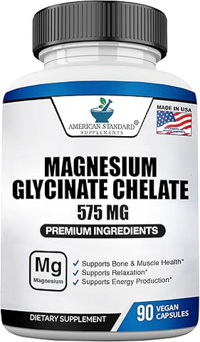 Magnesium Glycinate 575mg por Porção, 90 Cápsulas Vegetais, Suplemento de Magnésio para os Ossos - American Standard Supplements