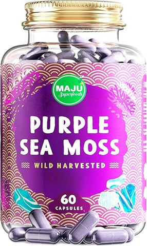 Maju Superfoods - Cápsulas Poderosas de Sea Moss Roxo da MAJU (60 un), Minerais Roxos de Alta Potência, Chondrus Crispus, Mais Forte que Gel, Comparado com Cápsulas de Irish Seamoss Orgânico, Colheita Selvagem