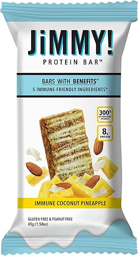 JIMMYBAR - JiMMY’S! Barra de Proteína Funcional Imune – Coco Abacaxi – 15 unidades – Suporte Imunológico com 300%% de Vitamina C Diária – Ingredientes Fortificantes do Sistema Imunológico: Vitamina C, Cúrcuma