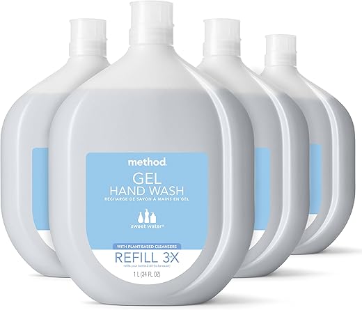 Recarga de Sabonete Líquido Method Gel, Água Doce, Frasco Reciclável, Fórmula Biodegradável, 1000 ml (Pacote com 4)