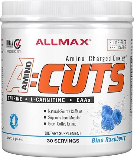 AMINOCUTS (ACUTS) – Bebida Energética Amino-Carregada com Taurina, L-Carnitina, Extrato de Café Verde, Sabor Framboesa Azul, 36 Porções - ALLMAX Nutrition