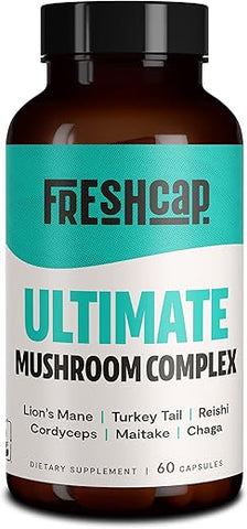 FreshCap Mushrooms - FreshCap Ultimate Mushroom Complex – Ayurveda Lions Mane, Reishi, Cordyceps, Chaga, Turkey Tail, Maitake – Suporte Imunológico, Suplemento Cerebral Nootrópico para Imunidade, Energia – Marca FreshCap