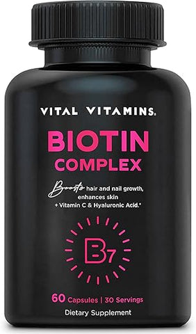 Complexo de Biotina 5000 mcg com Ácido Hialurônico, MSM e Colágeno – 60 cápsulas - Vital Vitamins