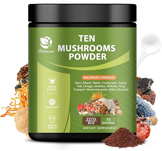 Lukaree - 14 em 1 Pó de Cogumelo para Preparo de Café, 227g Suplemento de Cogumelo com Cabeça de Leão, Chaga, Reishi, Cauda de Peru, Extrato de Cogumelo Cordyceps em Pó, etc, Mistura de Cogumelos para