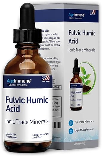 AgeImmune - Fulvic Humic Acid Ionic Trace Minerals with Electrolytes – Suplemento Líquido de Minerais Traços Iônicos Derivados de Plantas. Gotas Minerais com 75 Traços para Energia e Hidratação. Até 8 Meses