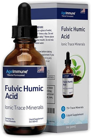 AgeImmune - Fulvic Humic Acid Ionic Trace Minerals with Electrolytes – Suplemento Líquido de Minerais Traços Iônicos Derivados de Plantas. Gotas Minerais com 75 Traços para Energia e Hidratação. Até 8 Meses
