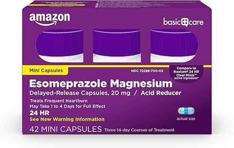 Esomeprazol Magnésio Cápsulas Mini de Liberação Prolongada, 20 mg, Redutor de Ácido, Medicamento para Azia de 24 Horas, 42 Unidades - Amazon Basic Care