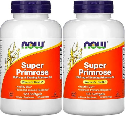 NOW Foods - Now Foods Super Primrose 1300mg – 120 cápsulas (Pacote com 2) – Óleo de Prímula – Saúde Feminina – 100% Natural