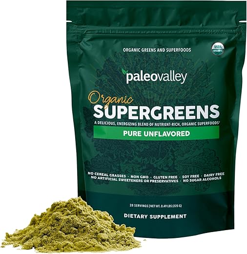 Supergreens Orgânicos em Pó – 23 Superfoods com Fibra Prebiótica para Energia e Suporte Imunológico – Sem Gramíneas Cereais para Máxima Absorção – Puro e Sem Sabor, 30g - Paleovalley