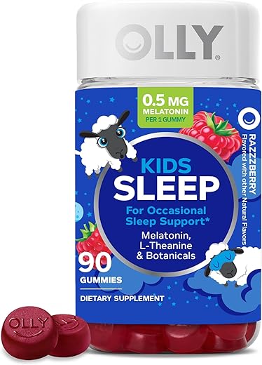 Kids Sleep Gummy – Suporte ocasional ao sono, 0,5mg Melatonina, L Teanina, Extratos de Camomila e Melissa, Suplemento mastigável infantil, Sabor Framboesa – 90 unidades - OLLY