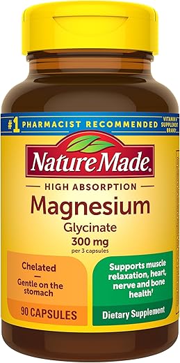 Magnésio Glicinato de Alta Absorção 300mg por 3 Cápsulas, Suporte Muscular, Cardíaco, Nervoso e Ósseo, 90 Cápsulas de Bisglicinato de Magnésio, 30 Dias - Nature Made